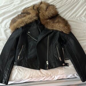 Black Faux Leather Jacket with Faux Fur Collar